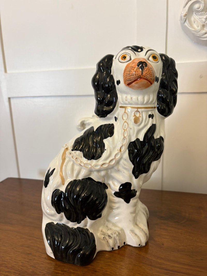 Antique Pair of Staffordshire Black & White Spaniel Dogs